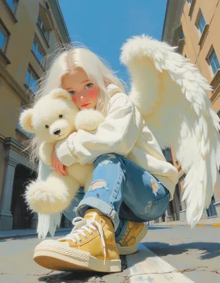 Low-angle urban portrait of a stylish tween angel with long white hair and large white wings hugging a huge white teddy bear, wearing ripped jeans and gold high-top sneakers, surrounded by city buildings under a clear blue sky.