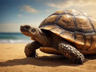 Close-up of a tortoise with an elaborate shell walking slowly on golden sand at the beach with ocean in the background.