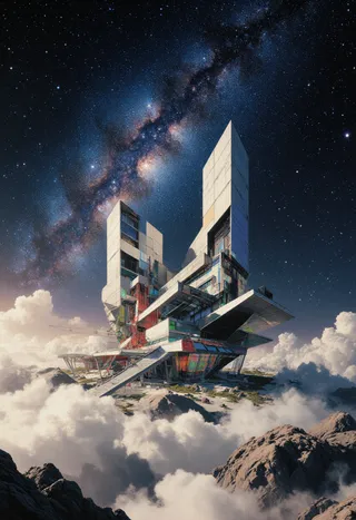 A hyperdetailed extraterrestrial structure designed by Mohi Safdi, positioned amidst clouds and rocky terrain, with the Milky Way galaxy visible in the starry sky above.