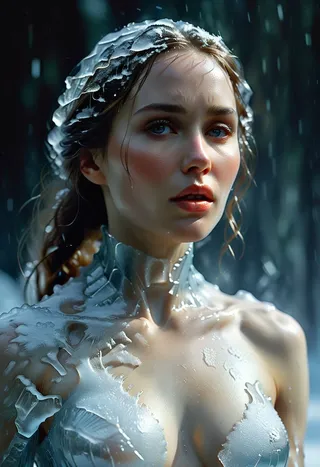 Portrait of a realistic woman with life-like facial features and detailed icy textures covering parts of her body, rendered with cinematic lighting and sharp details.