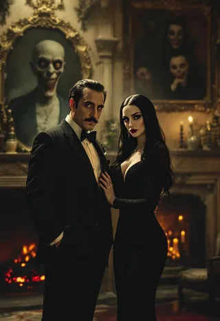 Morticia Addams in a tight black dress with heavy makeup stands majestically beside Gomez Addams, who wears a chalk-striped suit and cigar, in a vintage gothic mansion living room illuminated by a fireplace, with creepy paintings on the wall and horror movie style texts.