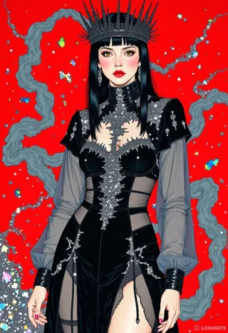 Woman wearing a black avant-garde dress with a high neckline and intricate metallic filigree details, a black spiked crown, sheer sleeves, and a red background with abstract silver and blue shapes.