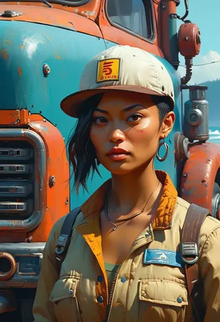 Portrait of a woman in diesel-punk style wearing a cap and jacket standing in front of a vintage orange and blue truck, featuring realistic lighting and sharp cinematic details.