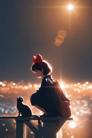 Young girl resembling Kiki from Majo no Takkyuubin sitting on a wooden railing with a black cat, bathed in warm sunlight and bokeh city lights in the background.