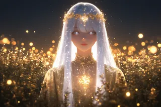 A dreamy fairy with long silver hair and a golden glowing crown stands amid a glittering flower garden at night, illuminated by soft golden light and bokeh effects.