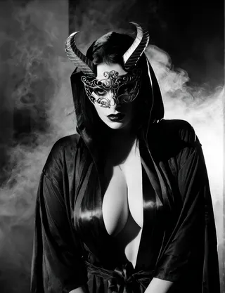 Demonic female figure wearing an ornate metal half-mask with horns, dressed in revealing black robes, emerging from foggy shadows in an eerie hellscape.