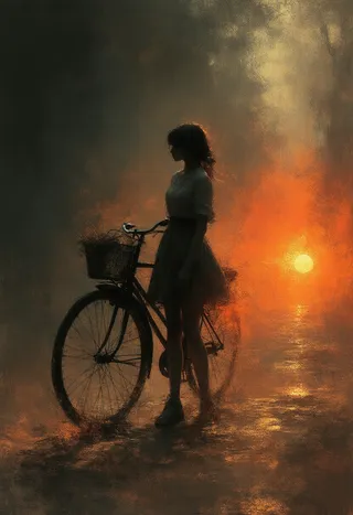 Silhouetted girl standing beside a vintage bicycle at sunset, illuminated by glowing orange and ochre light with textured brushstroke style.