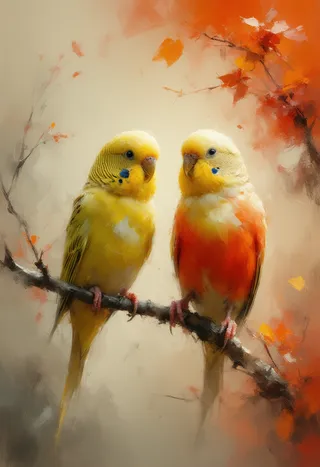 Two diminutive budgies perched on a branch glowing with warm sunset hues in a digital impressionistic and expressionistic style painting.