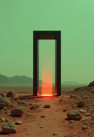A barren desert landscape with a greenish sky, featuring a tall black rectangular frame structure with a bright glowing orange light emanating from its center, surrounded by rocky terrain and a reddish-orange path.