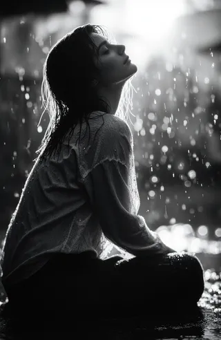Black and white image of a woman sitting in the rain, backlit from the upper right, with wet shoulder-length hair and textured clothing, showing dramatic shadows and highlights on her face and body.
