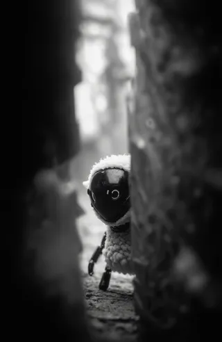 Black and white image of a small cyborg sheep with white fleece peeking from behind a textured surface in deep shadows.