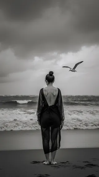 Black and white photo of a woman standing barefoot on a beach, wearing a sheer black dress with an open back, facing the ocean under a cloudy sky with a seagull flying nearby.