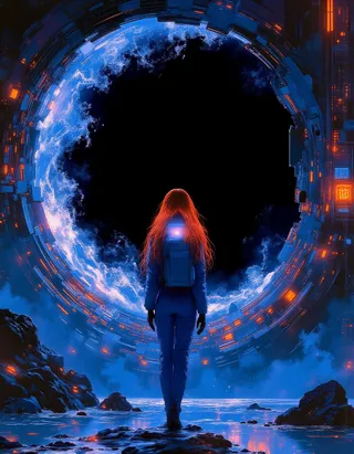 Teenage girl astronaut with red hair in a blue, glowing, technologically advanced space suit standing confidently facing a massive black hole engine surrounded by deep blues and oranges.