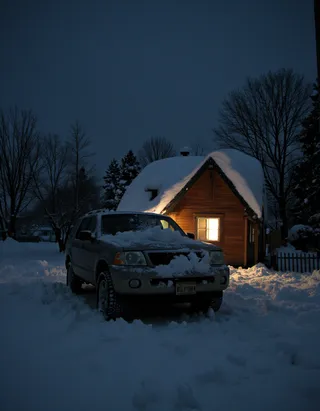 Night winter scene showing a snowy wooden cottage with lit window and an SUV parked in deep snow during a blizzard