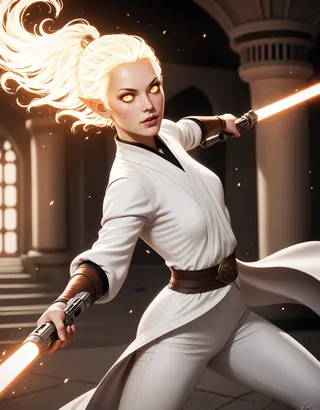 A tiefling Jedi with glowing eyes and burning white hair in a high ponytail, dressed in white robes and leather pants, wielding dual glowing lightsabers in an action pose inside a Jedi temple on Coruscant.