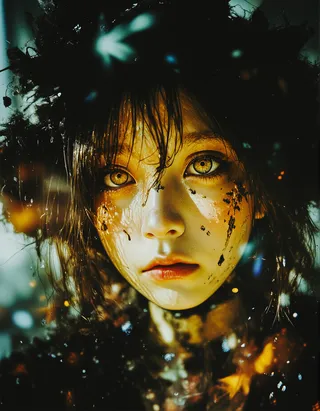 Close-up portrait of a girl with glowing yellow raven eyes, black lips, and raven feathers as hair, light filtering through thorn branches with surreal dust and light glare effects.