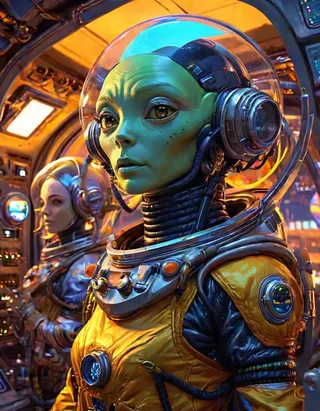 Close-up of a green alien astronaut with large expressive eyes and a transparent space helmet, wearing a detailed yellow and black futuristic suit inside a sci-fi cockpit.