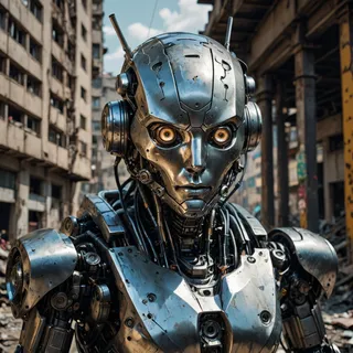 A lonely robot made of steel with detailed robotic eyes and a confused expression, standing in a post-apocalyptic urban background featuring dilapidated buildings.