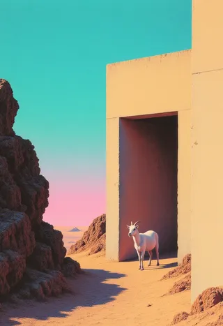 A lone white goat stands in a sunlit desert near a large beige concrete structure with a rectangular opening, contrasting with rough dark rocks and a turquoise sky fading to pink on the horizon.