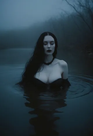 Gothic sorceress with pale skin and long black wavy hair, wearing a choker, standing waist-deep in dark, foggy moonlit water with eyes closed.