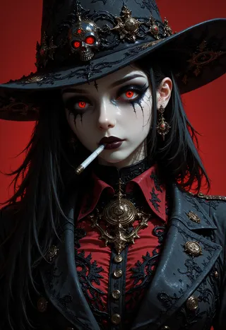 A gothic woman with pale skin, glowing red eyes, dark lipstick, and long black hair wears an ornate dark grey hat with skull decorations, a red shirt with black lace, and a decorated dark jacket, smoking a cigarette against a red background.