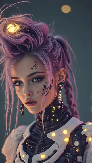 A detailed sci-fi portrait of a futuristic humanoid robot with glowing lights embedded in robotic armor, purple hair styled upward, and facial cybernetic markings.