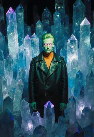 A surreal man with glowing pink eyes and vibrant green skin stands amidst towering blue and white crystal formations, wearing a black leather coat under atmospheric cinematic lighting.