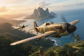 Photorealistic view of two WWII Hawker Typhoon fighter planes flying in wingman formation over a tropical archipelago at golden hour, showcasing detailed camouflage and lush volcanic mountains beneath.