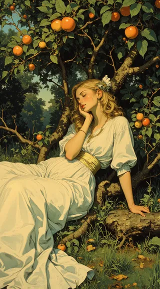 A blond woman in a white dress sleeping peacefully while leaning against an apple tree laden with ripe fruit in a lush green paradise setting.