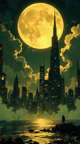 A surreal moonlit cityscape illuminated by a colossal golden full moon, with towering buildings and glowing windows under a star-filled sky and misty clouds.