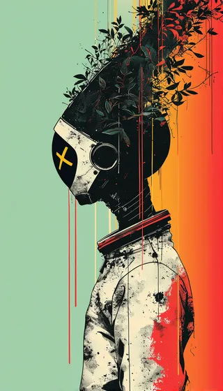 Surreal digital artwork of a lone astronaut in a worn white space suit with red and orange paint drips, black visor marked with yellow X eyes, against a mint green to orange gradient background.