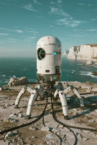 A hyper-detailed CGI render of a futuristic humanoid robot with cylindrical white head and multiple articulated legs standing on a rocky barren shore, with the open sea and towering white coastal cliffs in the background under a partly cloudy sky.