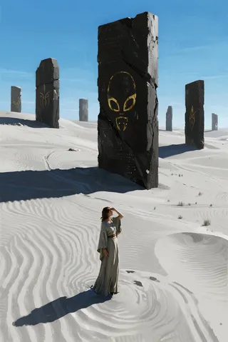 A vast alien desert with pale silver rippled sand under a clear blue sky, featuring large black monoliths floating in a line and inscribed with golden alien symbols, with a solitary female figure in flowing garments shading her eyes, standing in the sand.