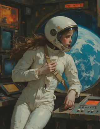 Zbliżenie obrazu olejnego młodej astronautki w perłowo-białym radzieckim kombinezonie kosmicznym wewnątrz vintage rosyjskiej stacji kosmicznej, z widoczną Ziemią przez okno.