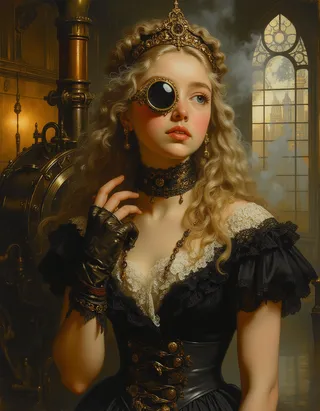 Close-up oil painting of a steampunk princess wearing a Victorian gown and monocle, standing inside an industrial hall with a massive steam engine behind her.