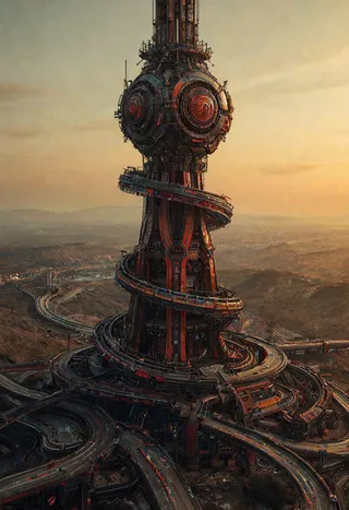 A towering futuristic sci-fi structure in red and black with intricate spiral highways wrapping around, set against a vast sunset landscape with distant hills.