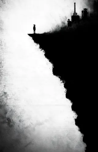 Black and white high contrast digital drawing of a shadowy silhouette wearing a hat standing on the edge of a steep cliff with industrial buildings in the background