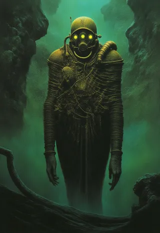 A lone bell diver in a heavy metal suit with glowing yellow eyes, standing in the deep abyss surrounded by greenish water and dark rocky formations.