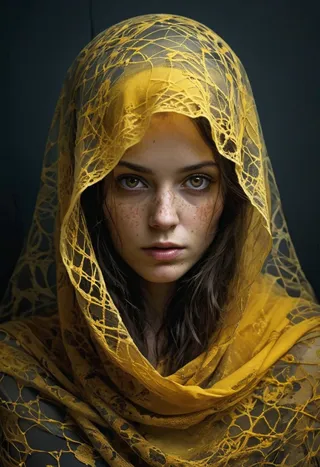 Portrait of a mysterious woman with freckles wearing a detailed yellow lace veil, featuring photorealistic textures and subtle double exposure effects