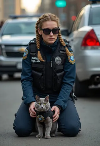 Kneeling Canadian policewoman with braided blonde twintails and sunglasses, wearing a bomb squad tactical vest, with a gray long-haired cat in a police tactical vest.