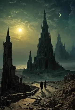 Un paesaggio fantasy oscuro con alte punte dell'incubo circondate da rovine cadenti, un cielo minaccioso con una luna a falce di sangue e due figure spettrali che camminano su un sentiero desolato sotto un bagliore etereo.