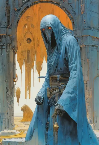 A fantasy hooded figure in blue robes with glowing orange eyes, standing in a detailed sci-fi environment with architectural elements in blue and orange hues.