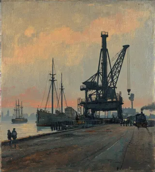 Muted silhouette of a harbor at dusk featuring ships docked, a large crane, and a steam locomotive on a foggy industrial shoreline.