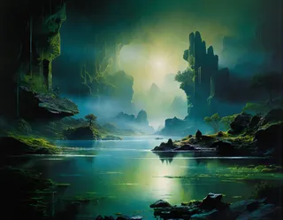 A vibrant biome ecosystem featuring volumetric light filtering through organic rock formations, lush greenery, and calm water reflections under a soft dawn sky.
