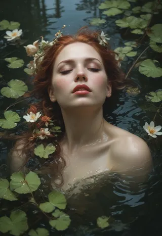 Portrait of woman with closed eyes and red hair surrounded by water lilies in low saturation vintage style