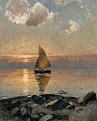 A realistic painting of a sailboat with a golden sail gliding across calm waters during sunset, with rocky shoreline in the foreground and a reflective water surface beneath a partly cloudy sky.