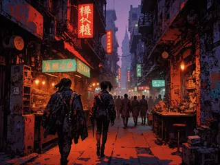 A neon-lit Shanghai alleyway at night with two figures walking among crowded street stalls, futuristic urban atmosphere in anime style