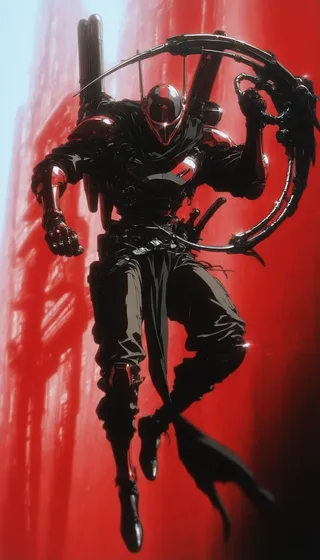 A cybernetic warrior wearing high-tech black armor and a black cloak, grasping a large mechanical weapon in a dynamic midair pose against a red background with volumetric lighting.
