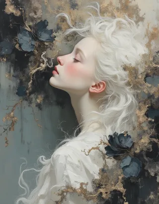 Hyper-realistic oil painting of an albino fashion model with flowing white hair, delicate features, and a romantic atmosphere styled in the manner of Rembrandt, featuring an abstract dark and gold textured background.