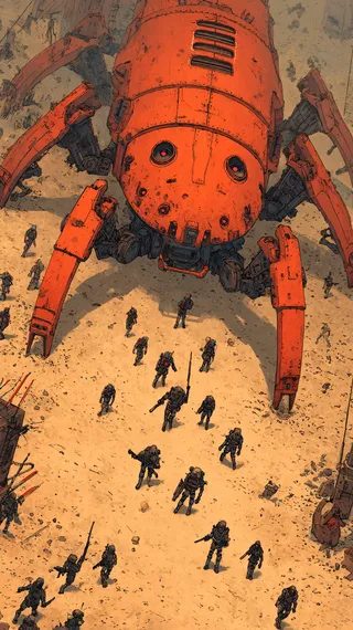 Futuristic space marines deploying around a large orange mech spider robot on a sandy desert battlefield, in a style inspired by artist Mobius.